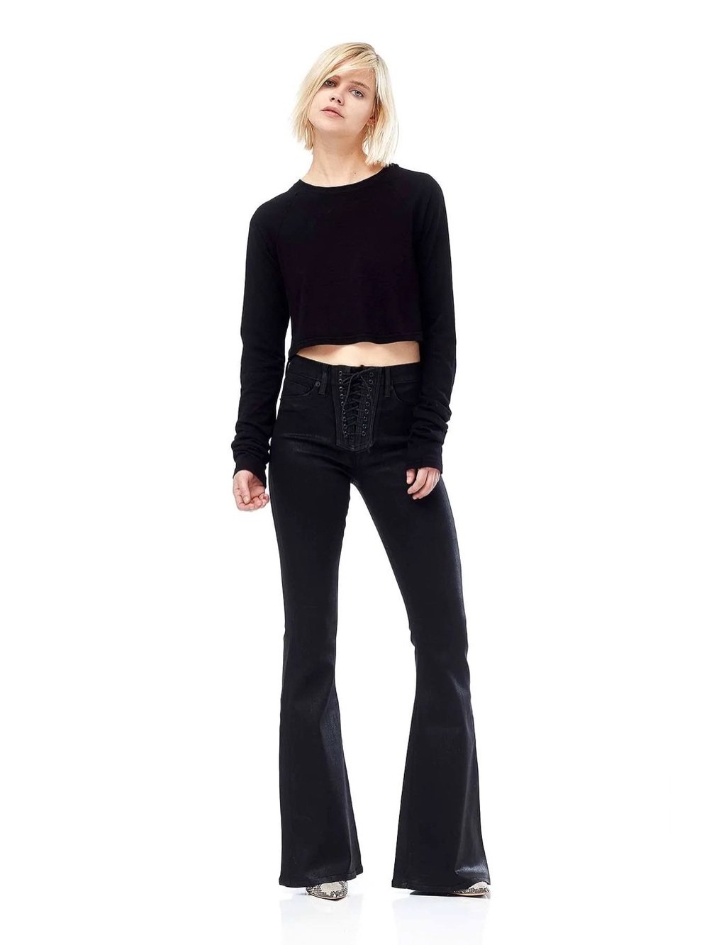 hudson bullocks high rise lace up flare jeans in coated black